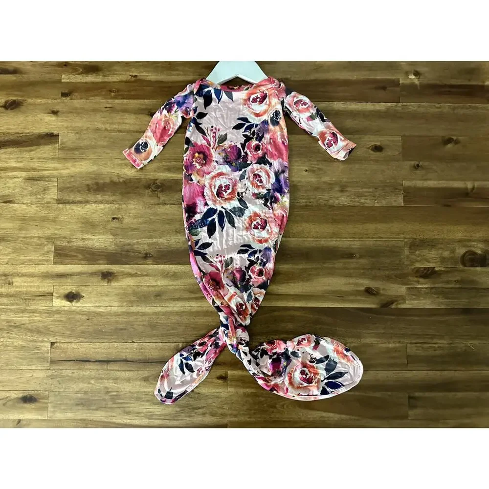 NEW Posh Peanut Dusk Rose Pink Floral Long Sleeve Bamboo Knotted Baby Gown 0-3M